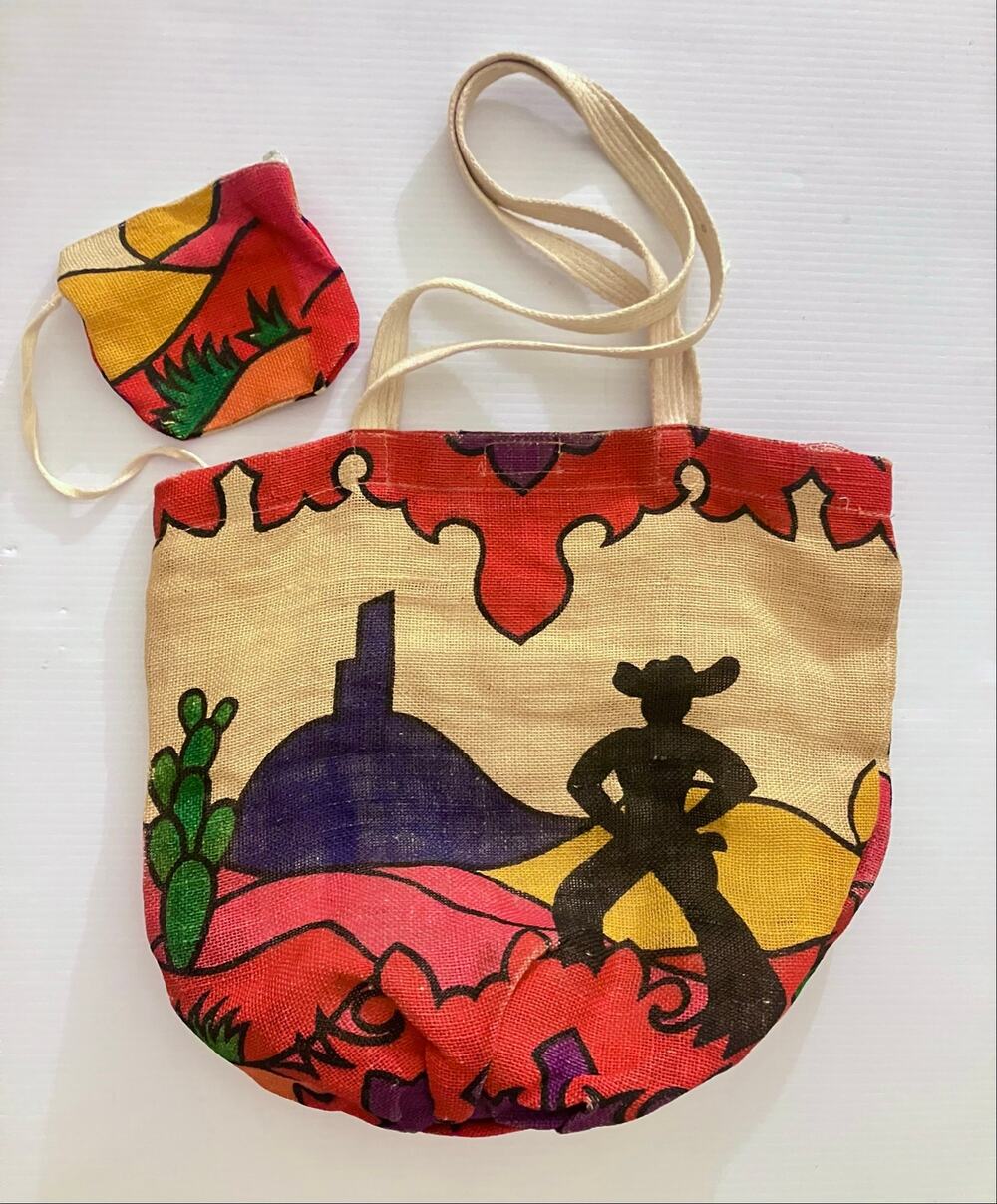 Vintage Burlap Cowboy Tote Bag & Coin Purse Southwestern Woven Vibrant Print